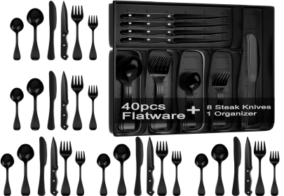 49-Piece Black Silverware Set with Organizer