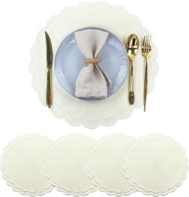Linen Cotton Placemats Set of 4 Scalloped Flower Embroidery Place Mats 15'' Natural Linen Texture Fabric Machine Washable Table Mats for Restaura