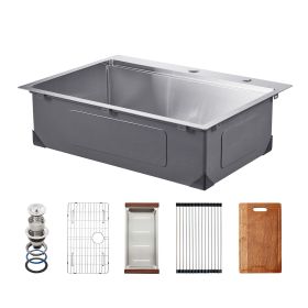 30 inch Kitchen Sink Workstation, 304 Stainless Steel Top Mount Sinks, Drop-In Single Bowl Farmhouse Basin with Ledge & Multiple Accessories